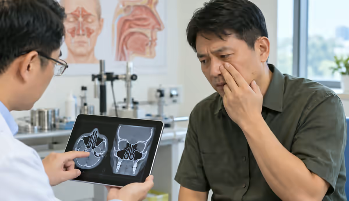 Người bệnh nghẹt mũi được bác sĩ tai mũi họng kiểm tra xoang
