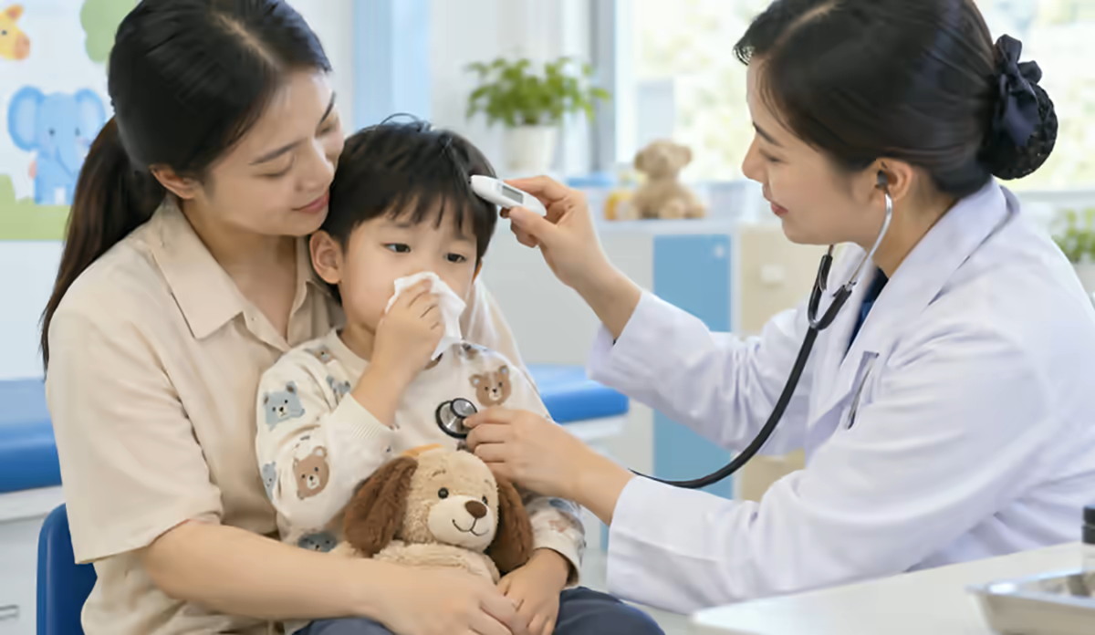 Trẻ được bác sĩ kiểm tra sốt và thần kinh cùng mẹ