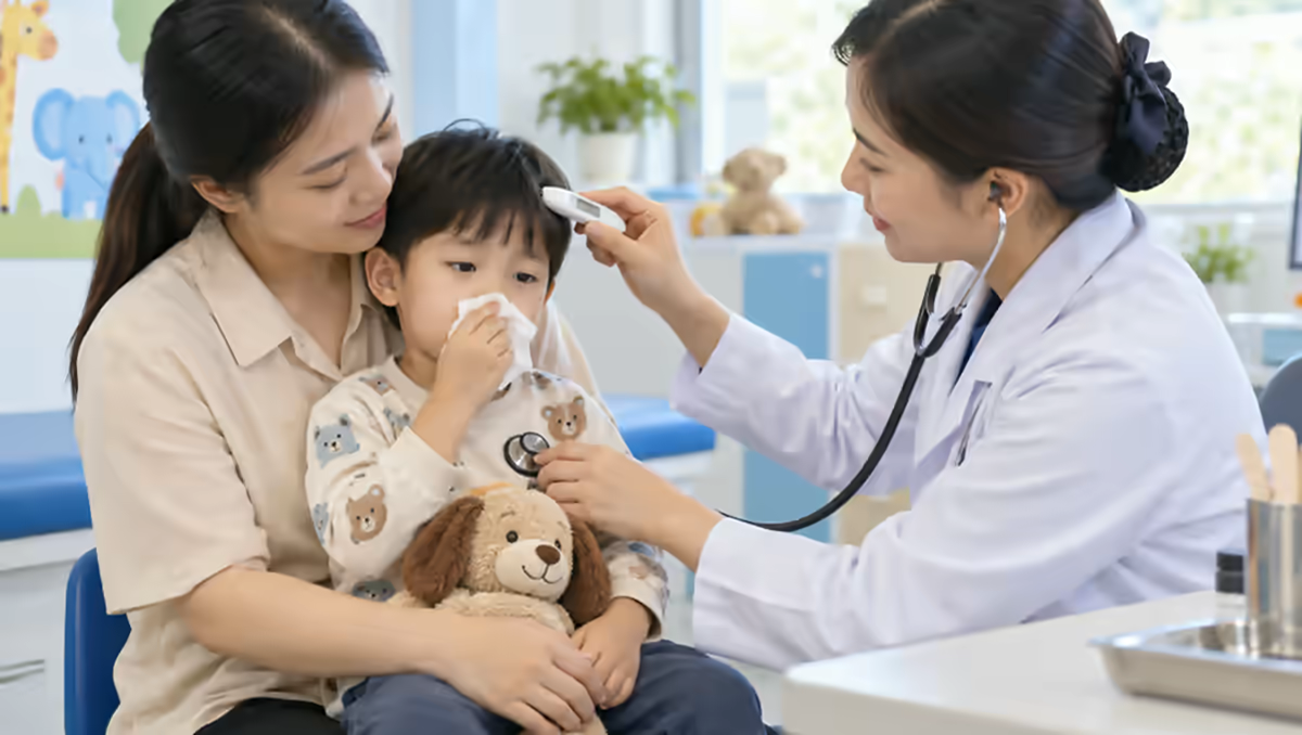 Trẻ ho được bác sĩ khám hô hấp cùng mẹ
