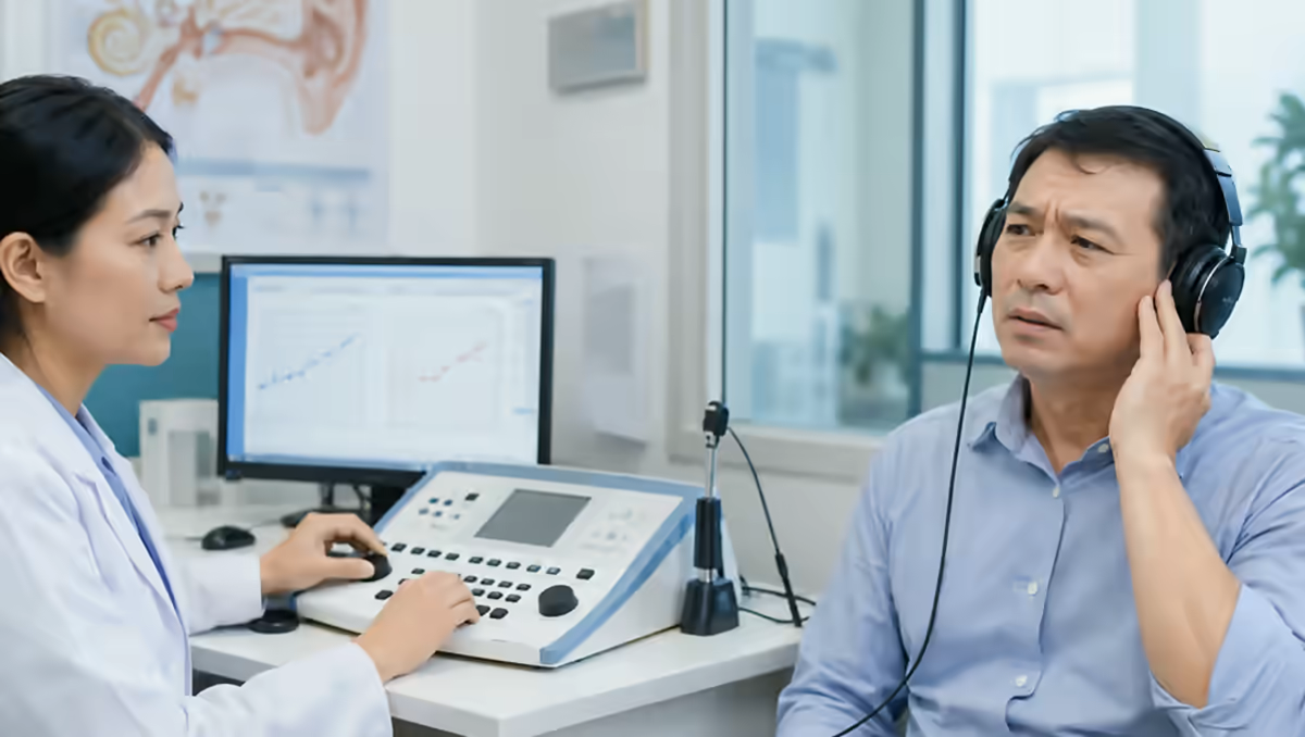 Người bệnh đau tai và nghe kém được bác sĩ tai mũi họng kiểm tra