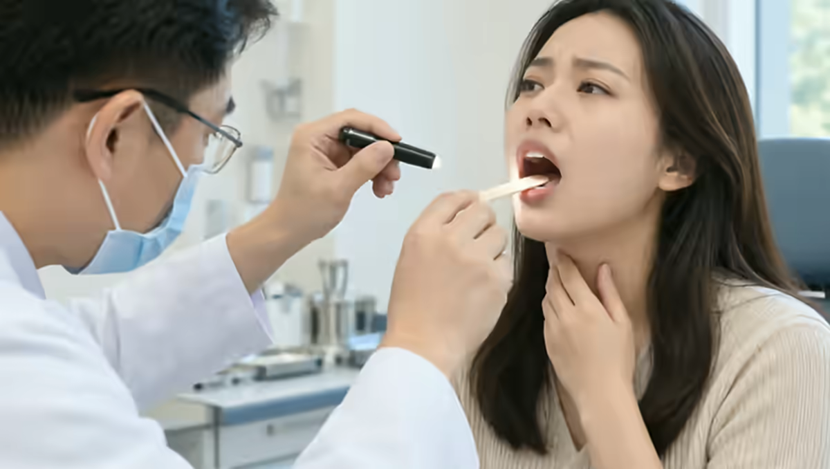 Người bệnh khàn tiếng được bác sĩ tai mũi họng kiểm tra họng