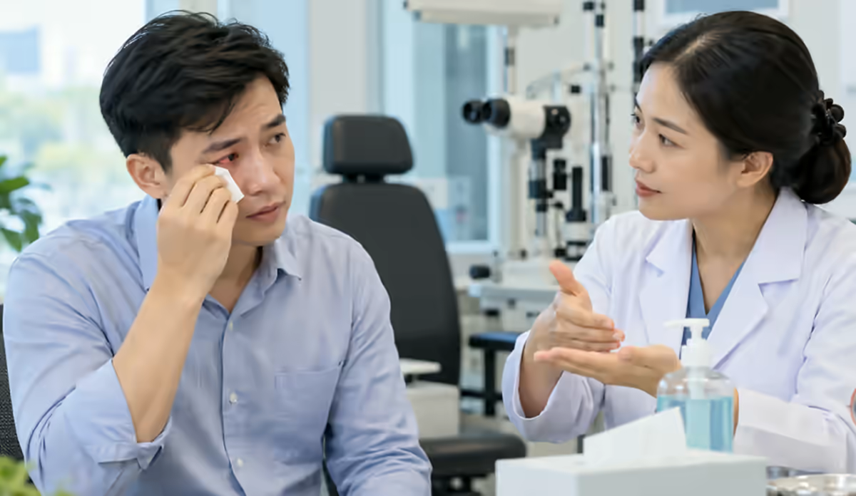 Người bệnh nhìn mờ được bác sĩ nhãn khoa kiểm tra mắt