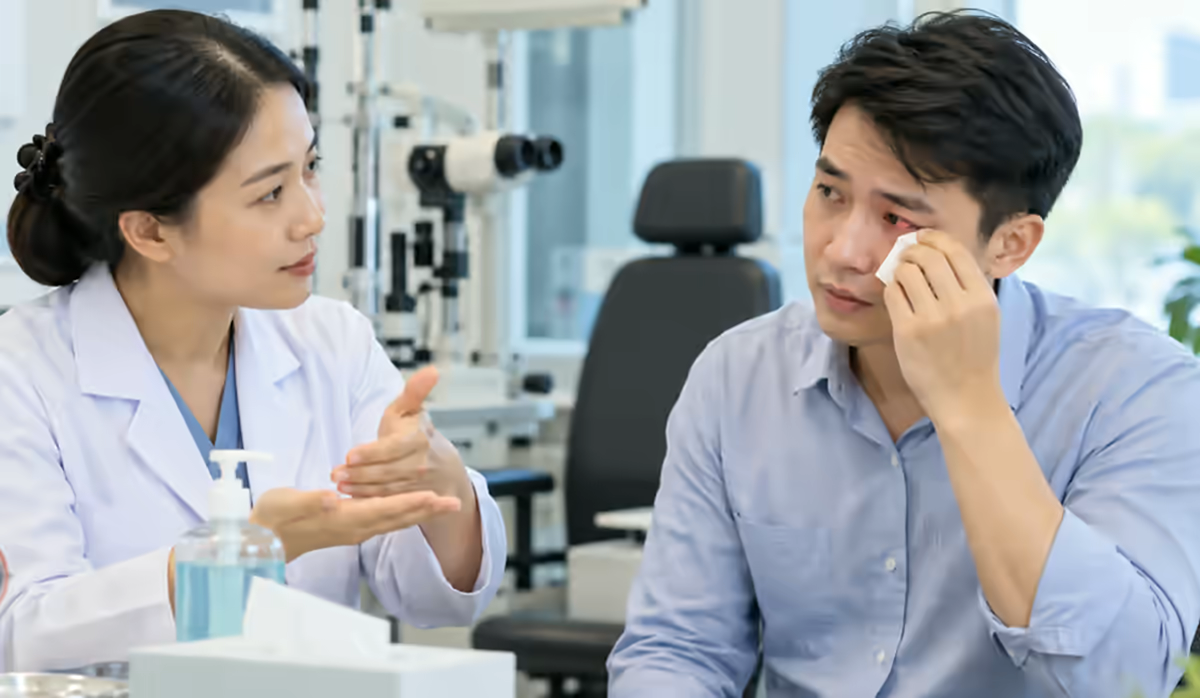 Người bệnh đau mắt và nhìn mờ được bác sĩ nhãn khoa thăm khám