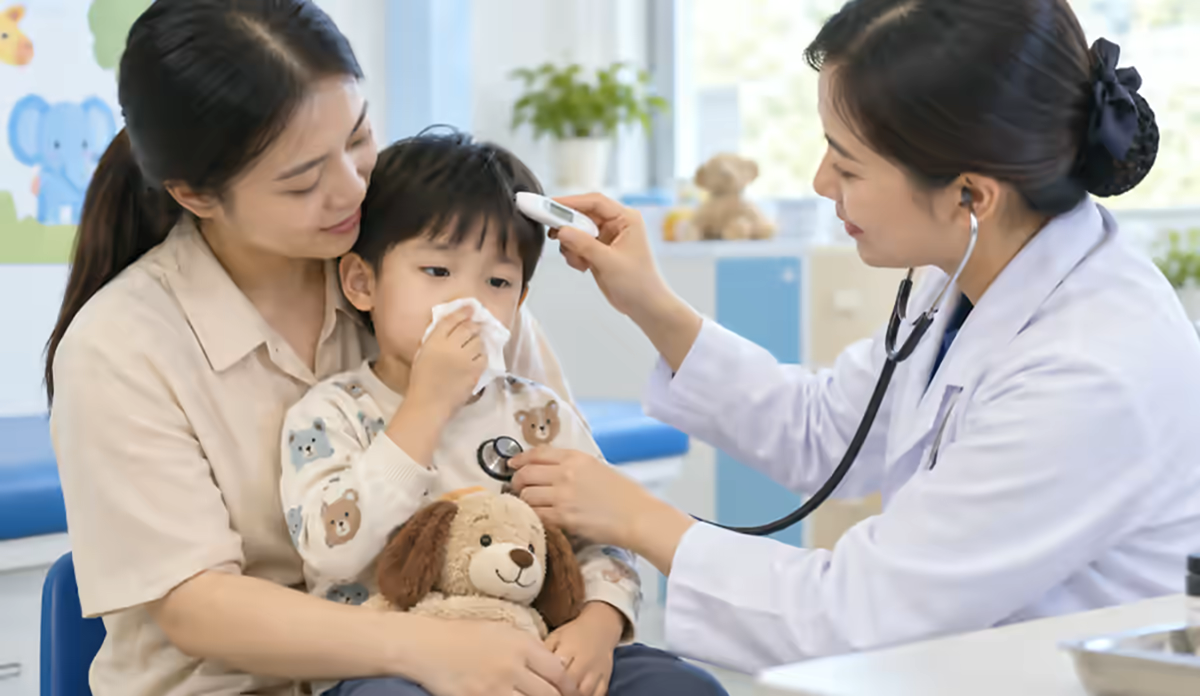 Trẻ khó thở được bác sĩ kiểm tra hô hấp cùng mẹ