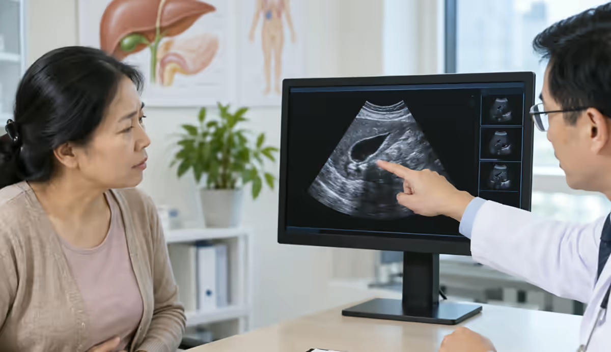Người bệnh đau bụng cấp được bác sĩ kiểm tra siêu âm túi mật