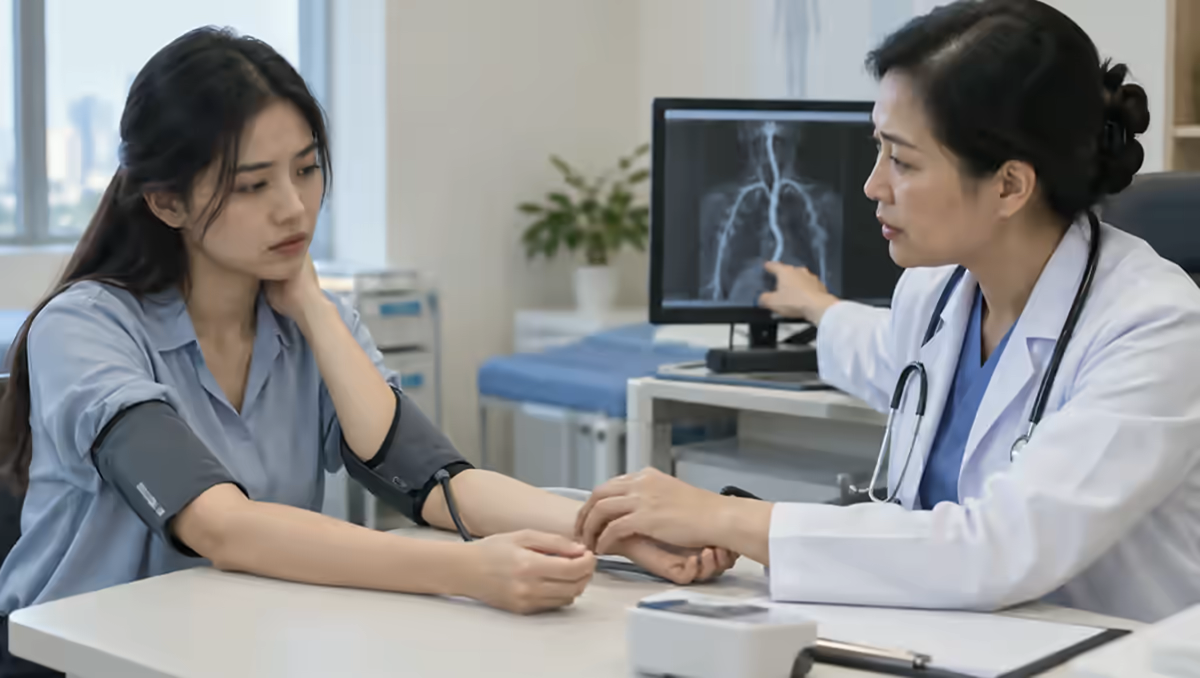 Người bệnh được bác sĩ kiểm tra huyết áp và hình ảnh mạch máu