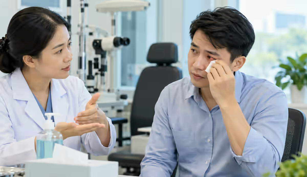 Người bệnh đau đỏ mắt được bác sĩ nhãn khoa kiểm tra