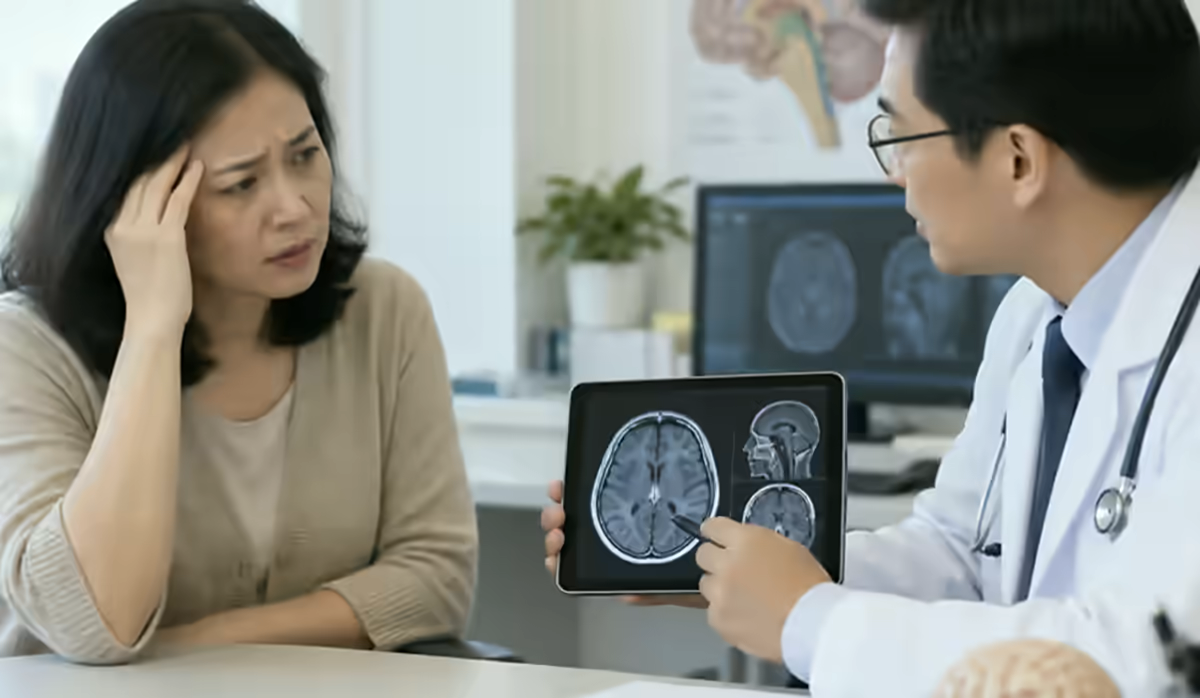 Người bệnh đau đầu được bác sĩ thần kinh kiểm tra và giải thích phim chụp