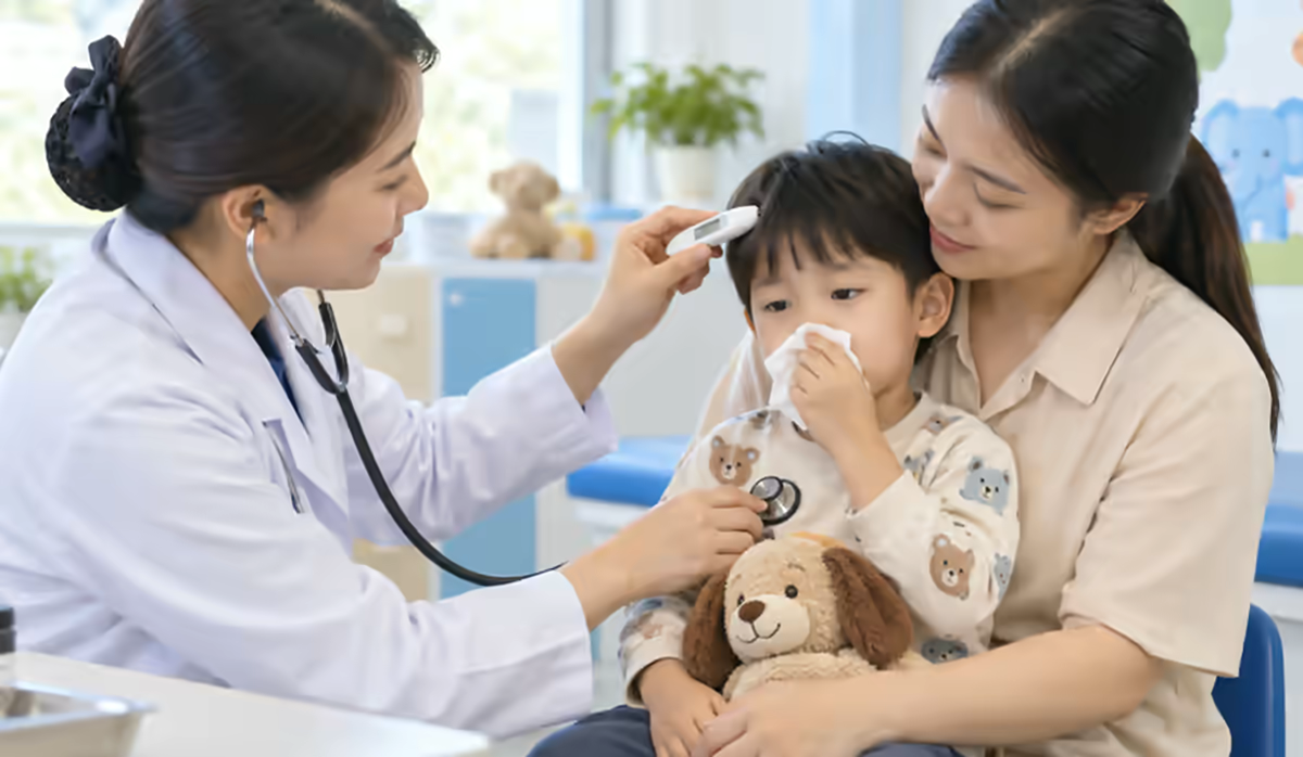 Trẻ sốt được bác sĩ kiểm tra sức khỏe thần kinh cùng mẹ