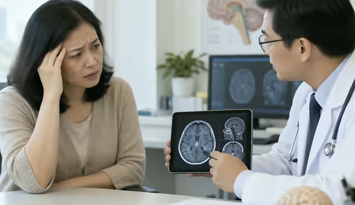 Người bệnh đau đầu được bác sĩ thần kinh kiểm tra và tư vấn