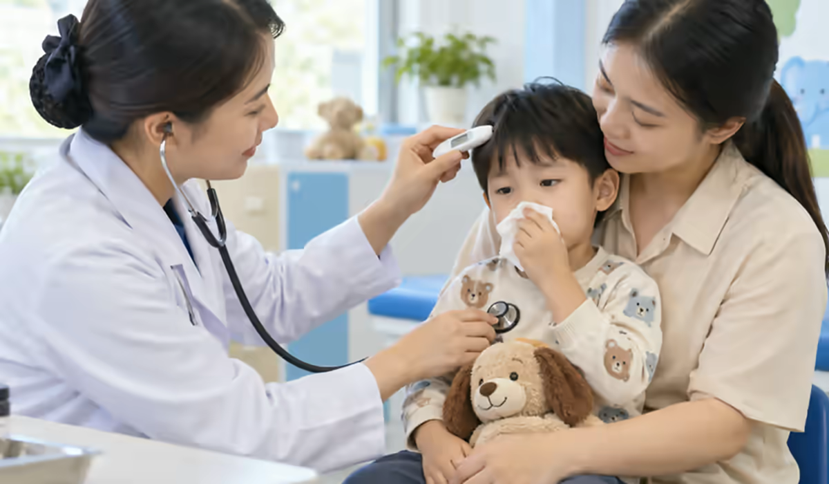 Trẻ sốt được bác sĩ kiểm tra sức khỏe cùng mẹ