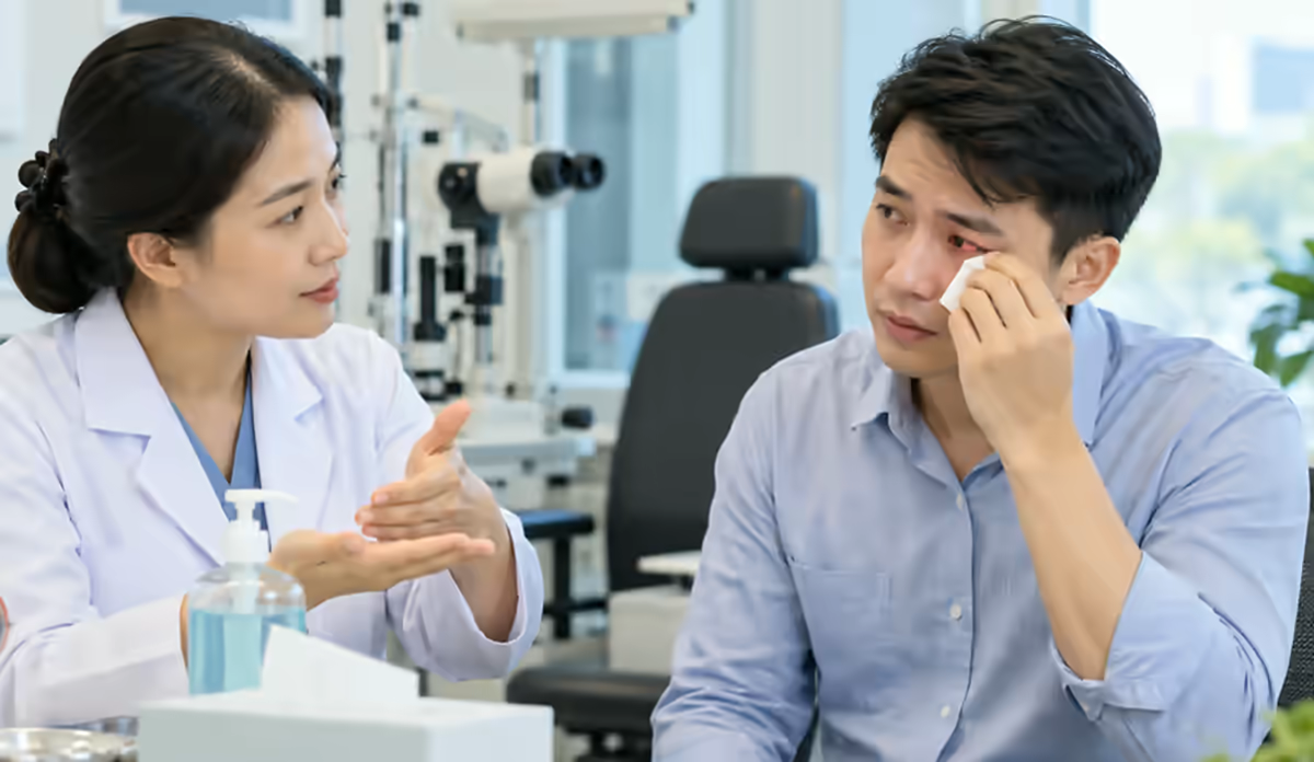 Người bệnh đau đỏ mắt được bác sĩ nhãn khoa thăm khám