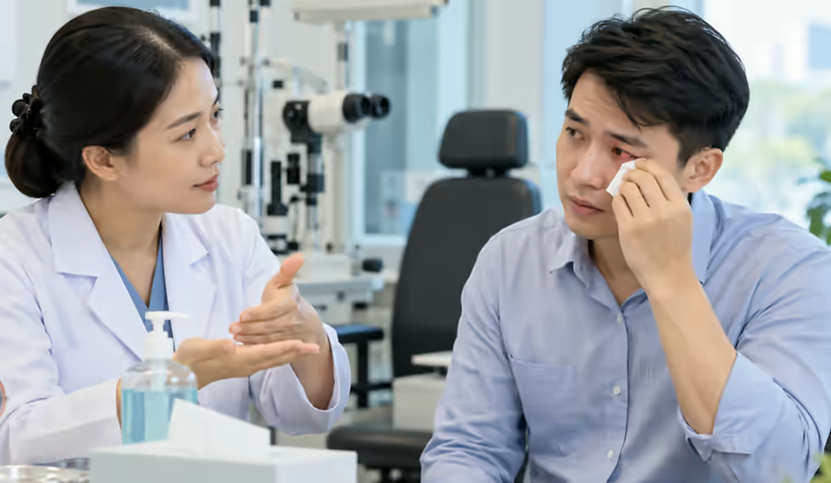 Người bệnh đau đỏ mắt được bác sĩ nhãn khoa kiểm tra