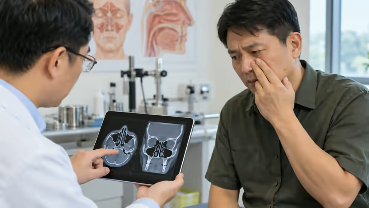 Người bệnh nghẹt mũi được bác sĩ tai mũi họng kiểm tra xoang