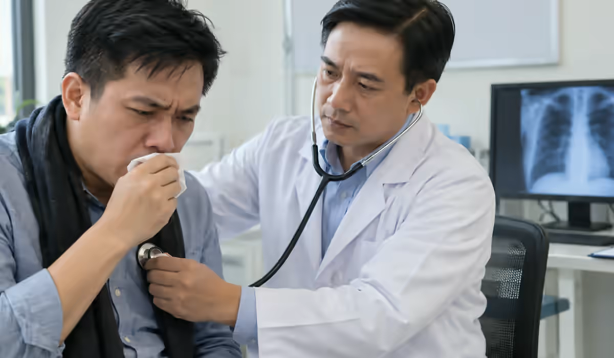 Người bệnh sốt ho được bác sĩ nghe phổi và xem X-quang