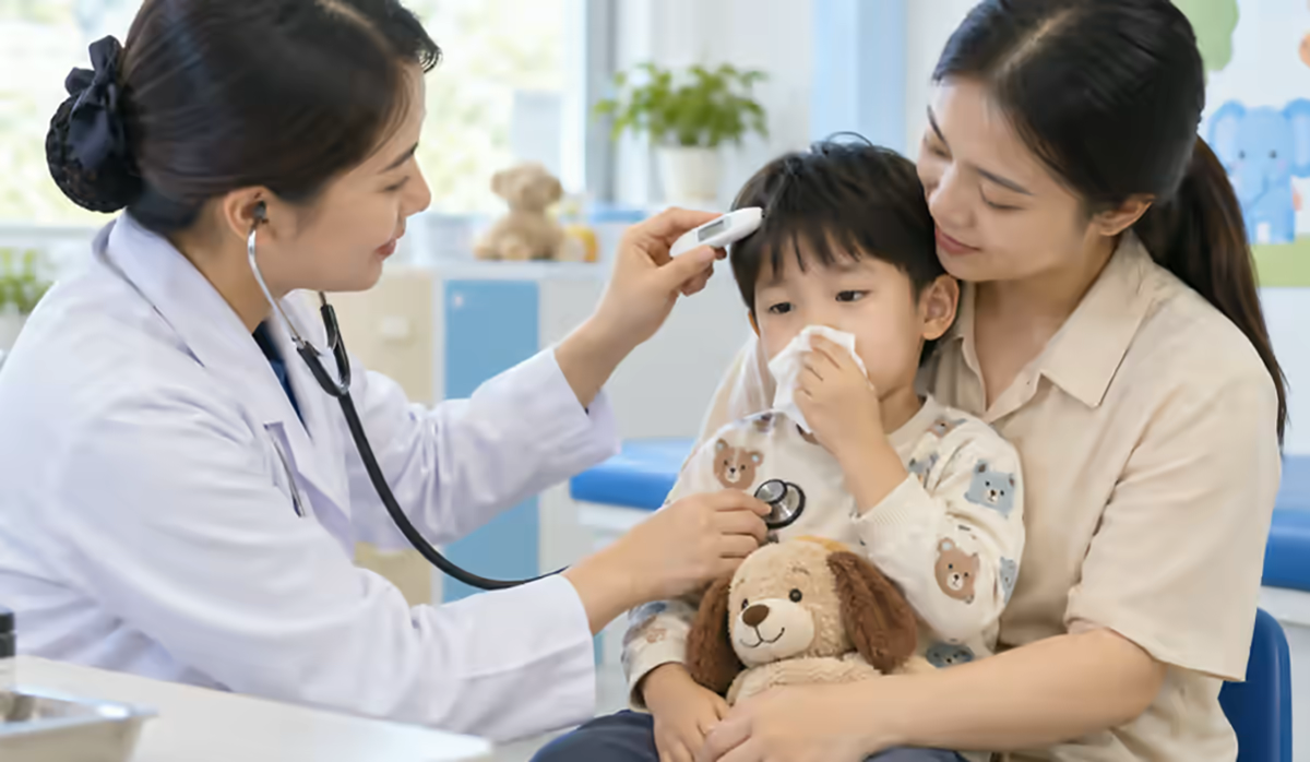 Trẻ ho khó thở được bác sĩ khám hô hấp cùng mẹ
