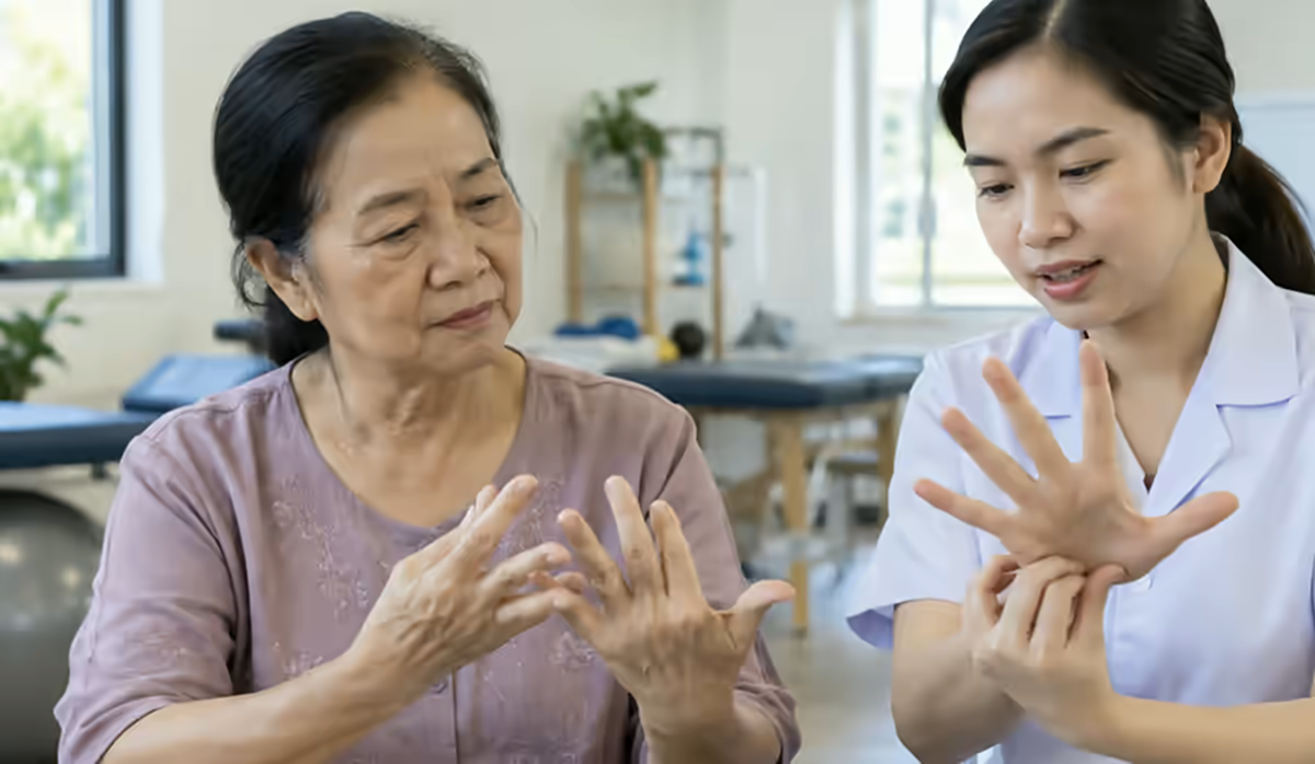Người bệnh đau sưng quanh móng tay được bác sĩ kiểm tra
