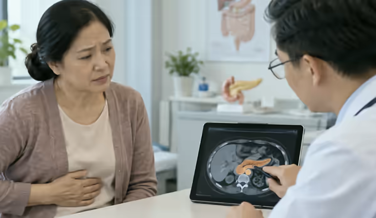Người bệnh đau bụng dưới được bác sĩ tiêu hóa kiểm tra hình ảnh ổ bụng