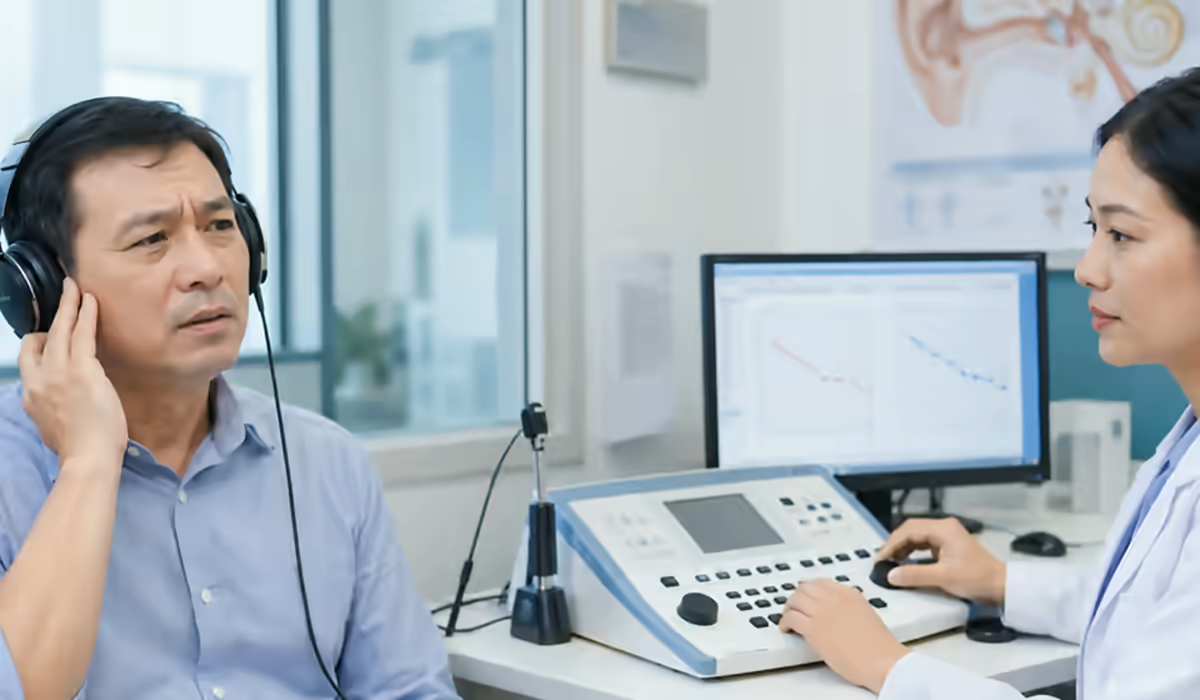 Người bệnh nghe kém được bác sĩ tai mũi họng kiểm tra tai
