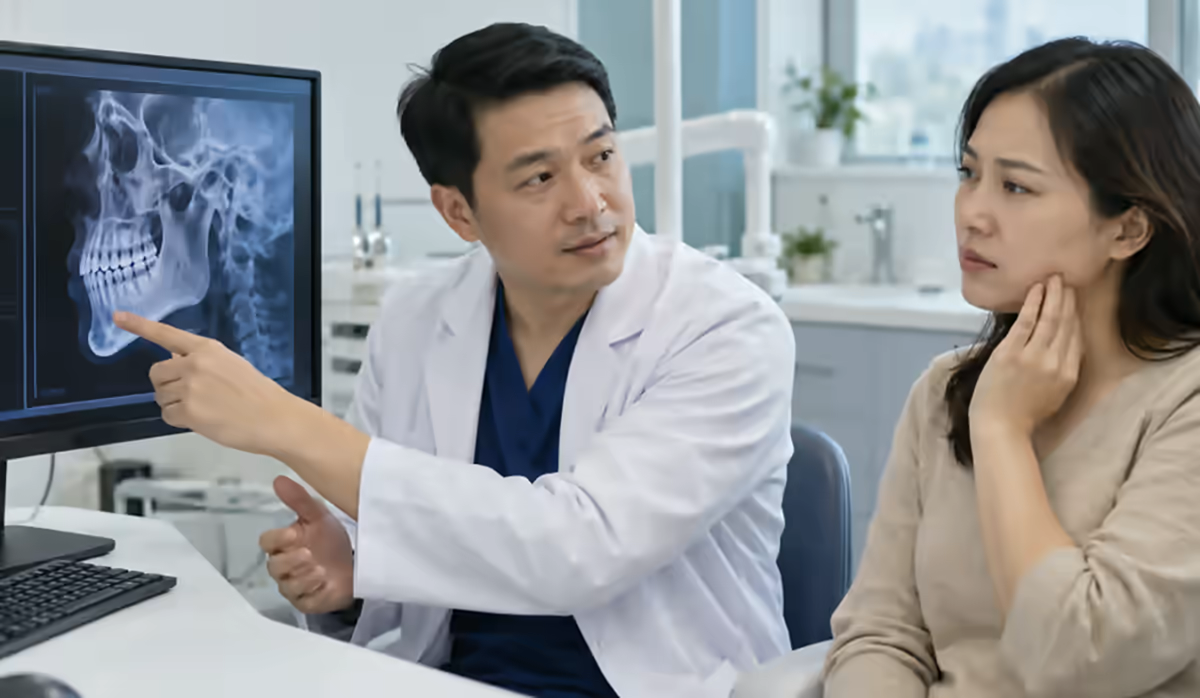 Người bệnh đau răng được nha sĩ kiểm tra và giải thích phim X-quang