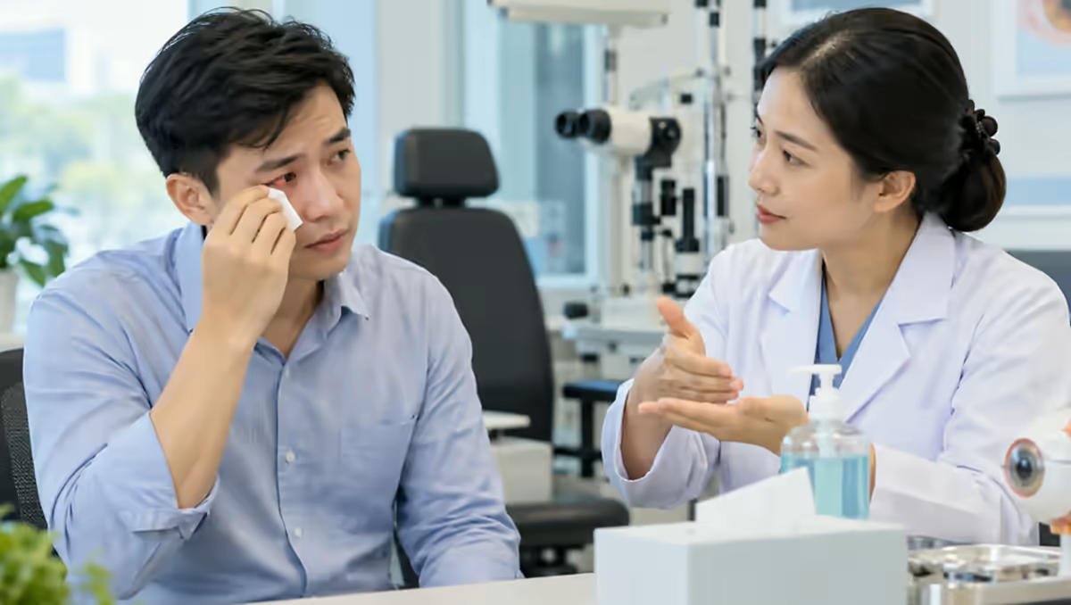 Người bệnh nhìn mờ được bác sĩ nhãn khoa kiểm tra mắt