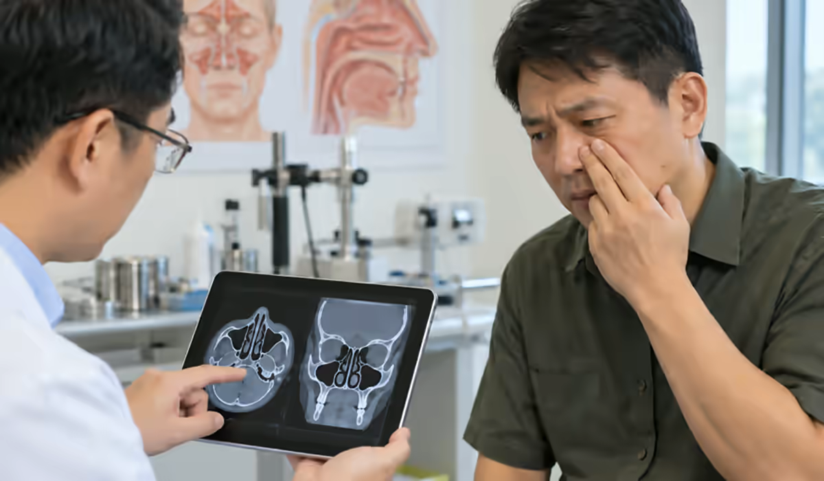 Người bệnh đau vùng mặt được bác sĩ tai mũi họng giải thích phim CT xoang