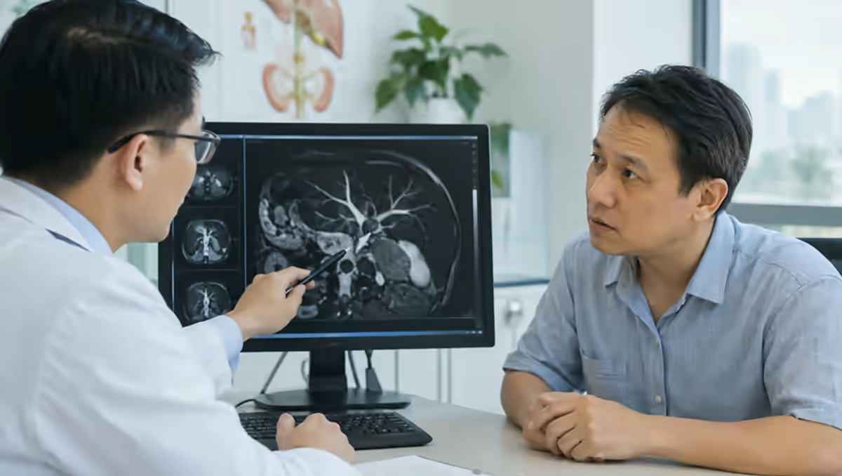 Người bệnh được bác sĩ tiêu hóa giải thích hình ảnh đường mật