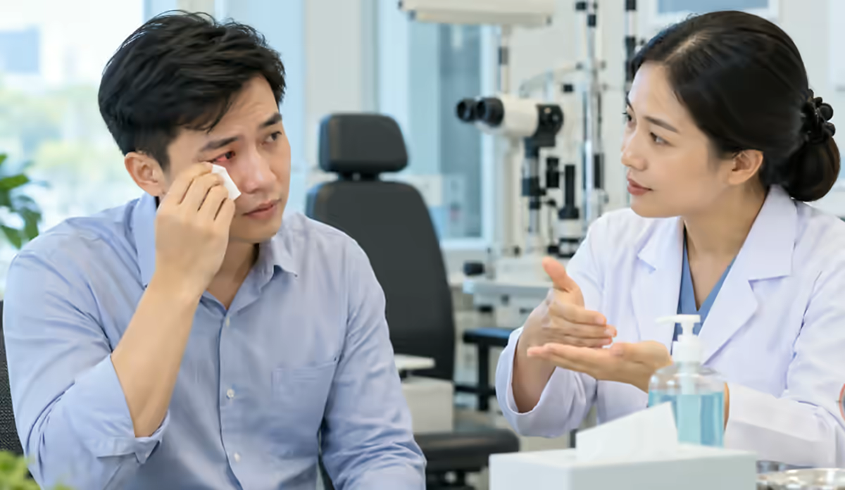Người bệnh nhìn mờ được bác sĩ nhãn khoa kiểm tra thị lực
