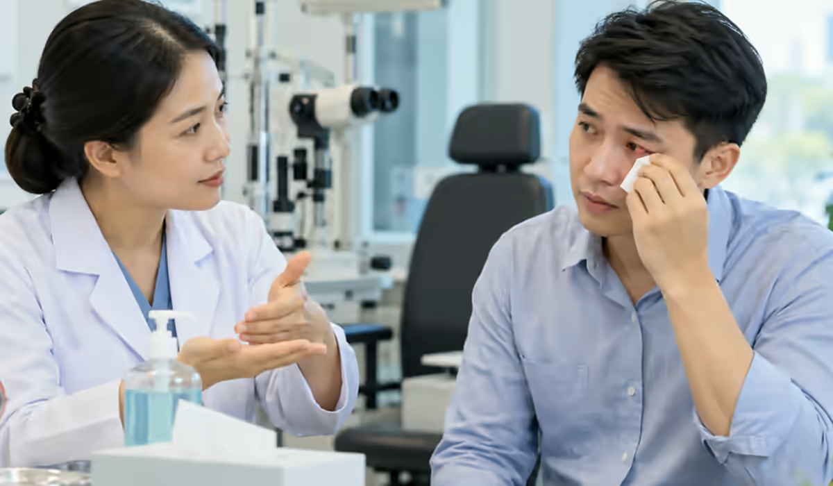 Người bệnh nhìn mờ được bác sĩ nhãn khoa kiểm tra võng mạc