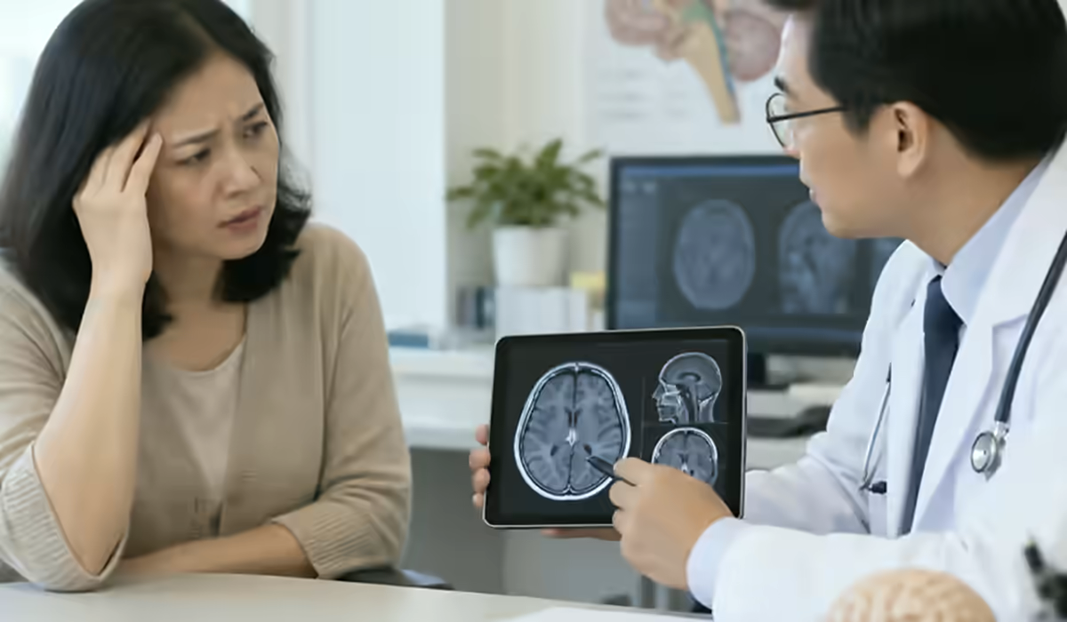 Người bệnh sốt đau đầu được bác sĩ thần kinh thăm khám