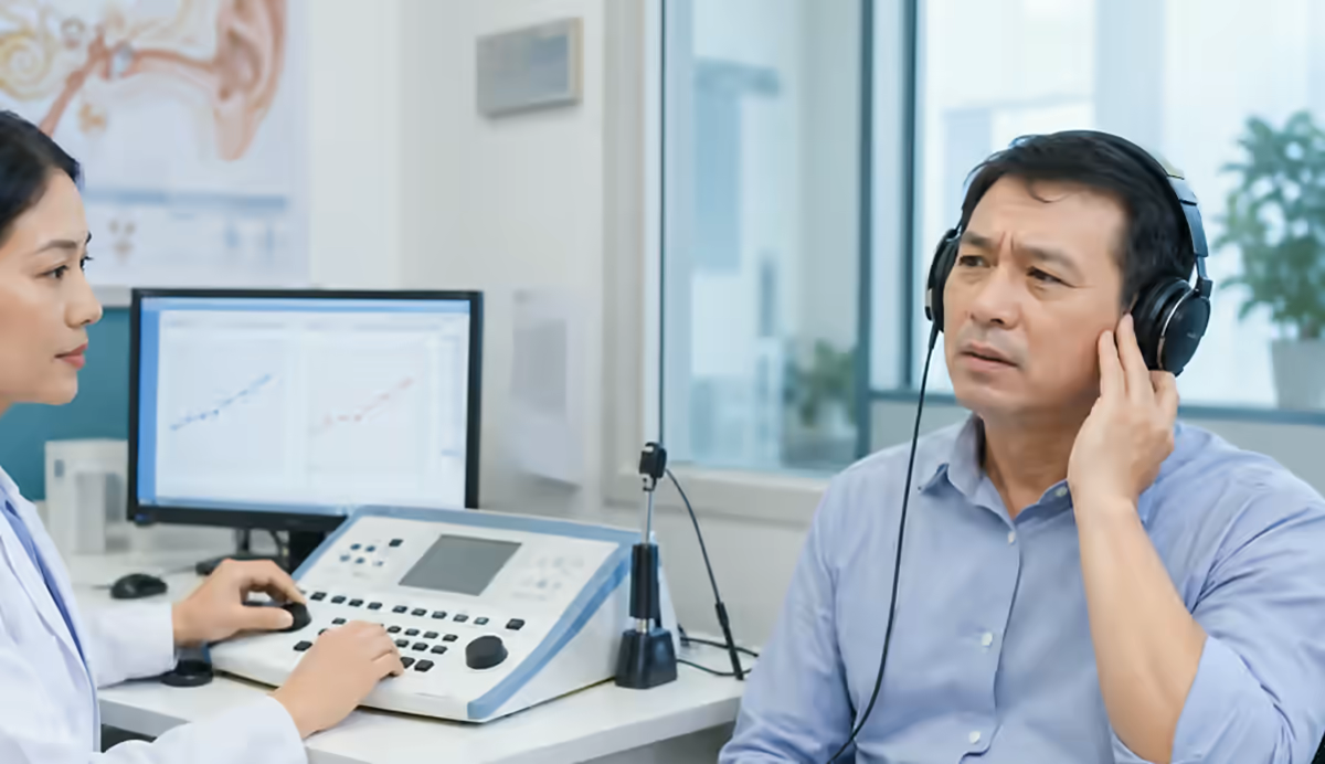 Người bệnh chóng mặt được bác sĩ tai mũi họng kiểm tra thăng bằng