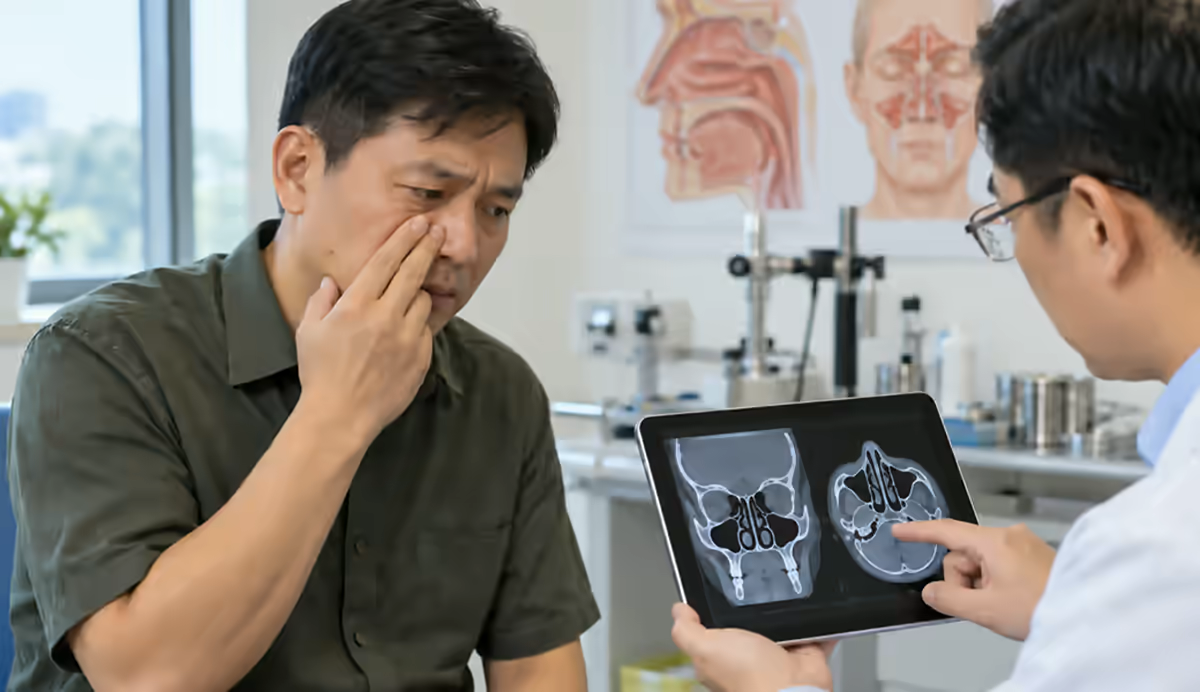 Người bệnh nghẹt mũi cấp được bác sĩ tai mũi họng kiểm tra