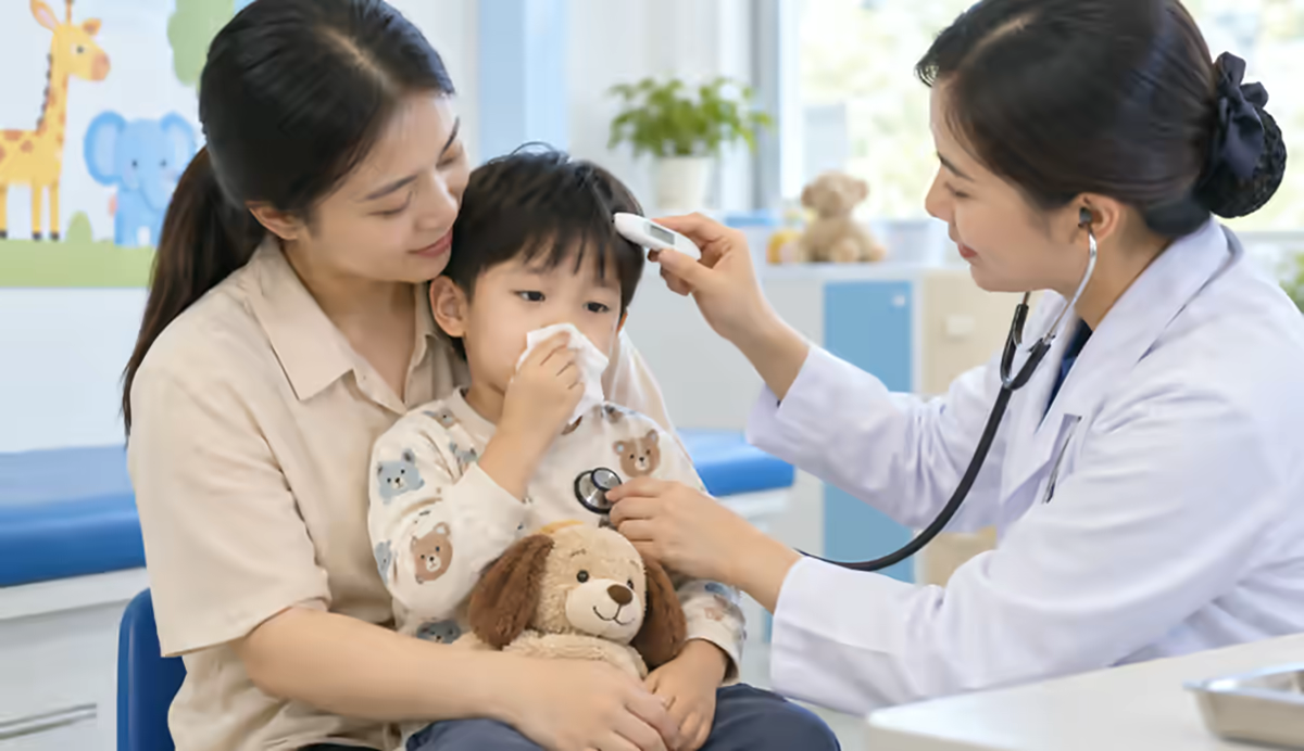 Trẻ sốt được bác sĩ kiểm tra sức khỏe thần kinh cùng mẹ