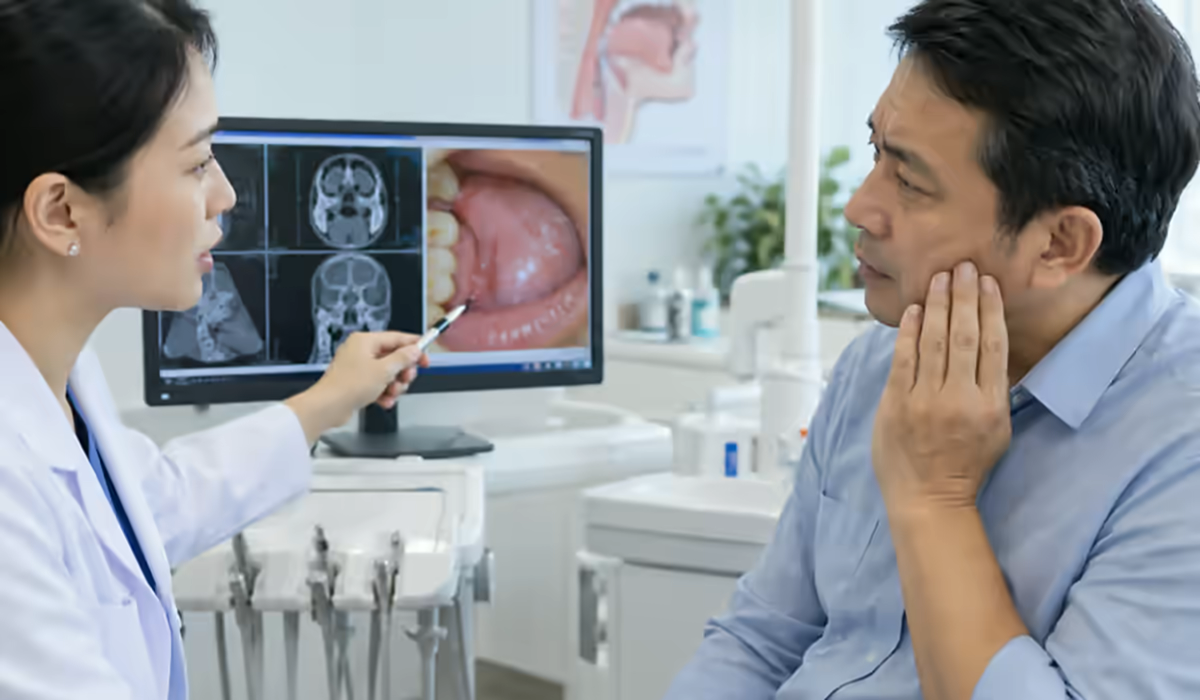 Người bệnh đau và sưng nướu được nha sĩ kiểm tra