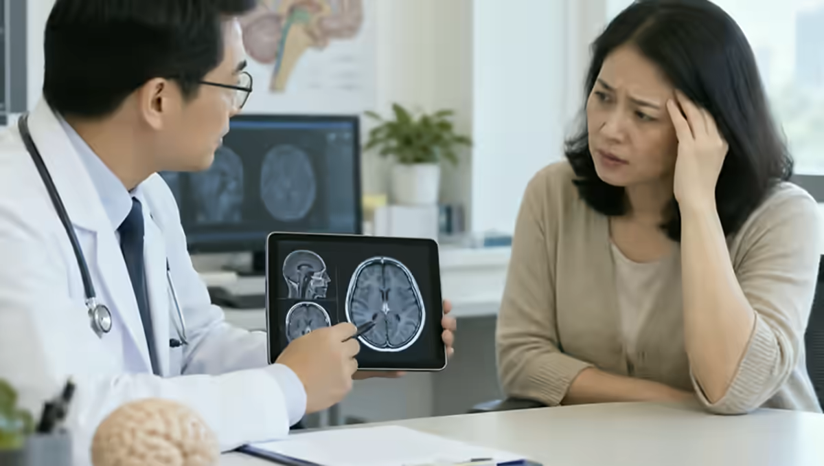 Người bệnh đau đầu được bác sĩ thần kinh giải thích phim chụp não