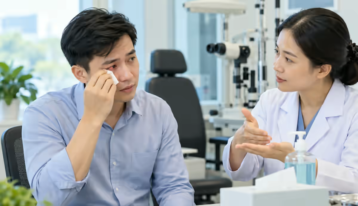 Người bệnh đau quanh mắt được bác sĩ nhãn khoa kiểm tra