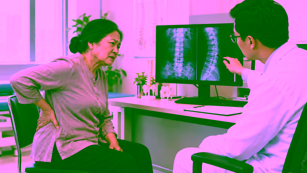 Người lớn tuổi đau lưng được bác sĩ giải thích phim chụp cột sống
