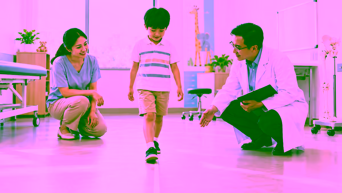 Trẻ được bác sĩ chỉnh hình đánh giá dáng đi cùng cha mẹ