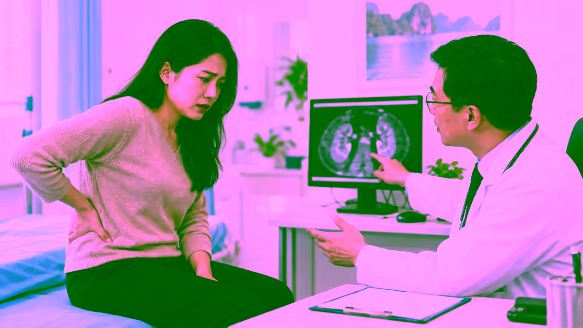 Người bệnh đau hông lưng được bác sĩ tiết niệu xem hình ảnh thận