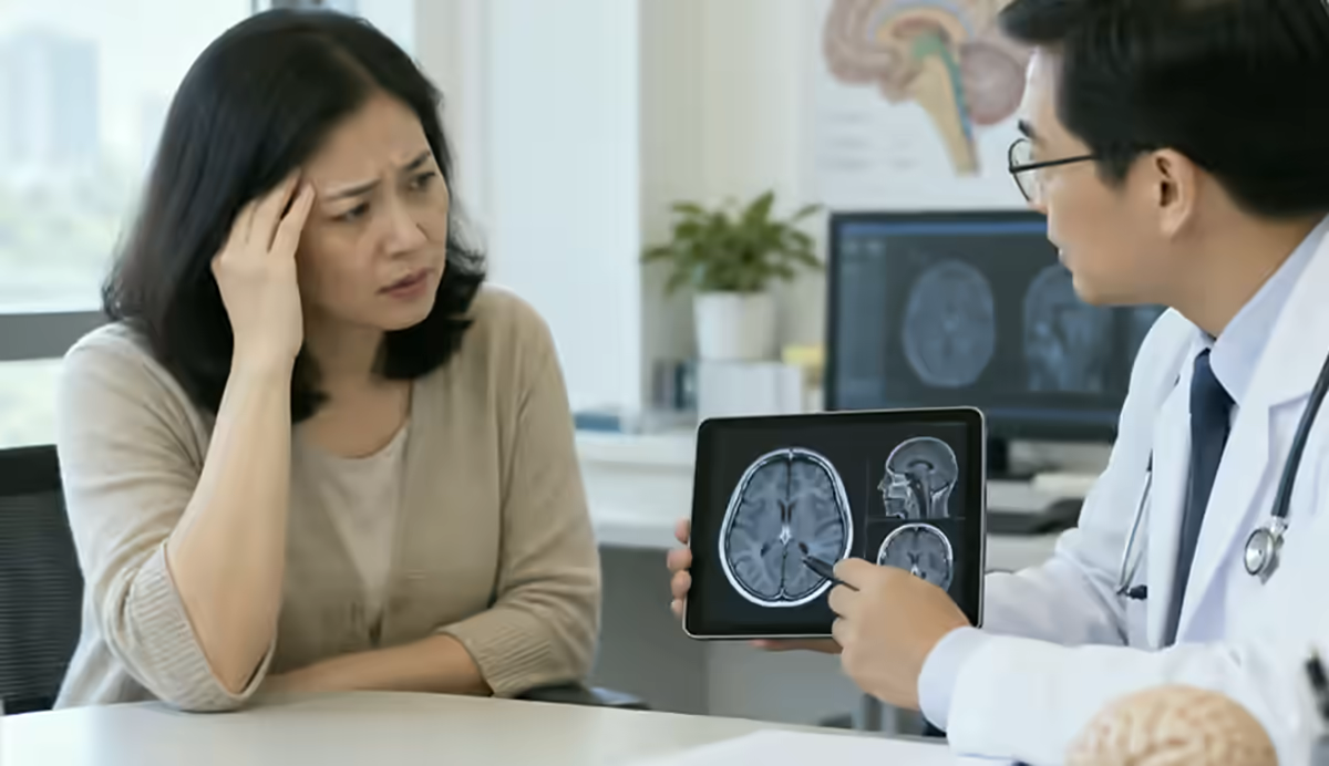 Người bệnh đau đầu dữ dội được bác sĩ thần kinh giải thích phim chụp não