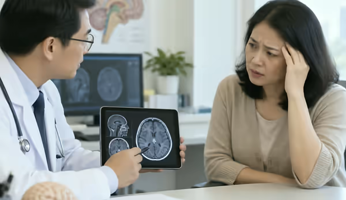 Người bệnh đau đầu được bác sĩ thần kinh kiểm tra và xem phim chụp não