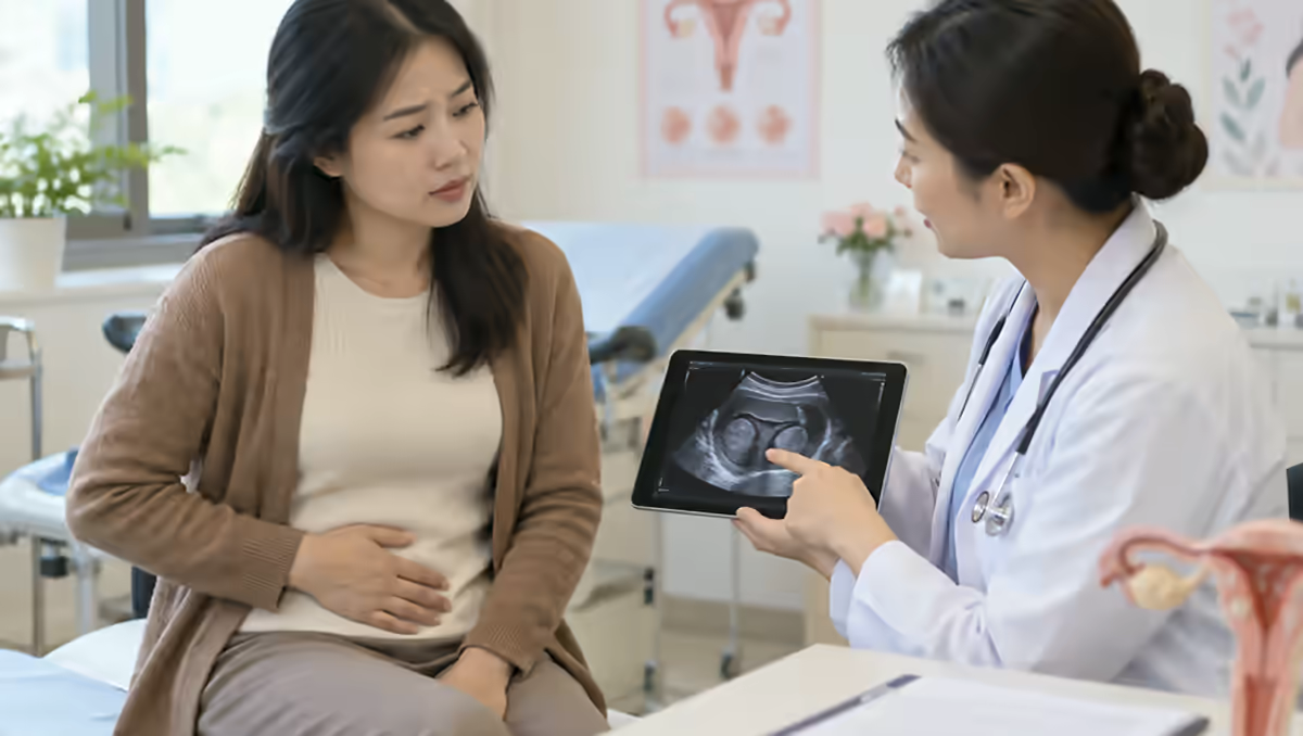 Người bệnh đau bụng dưới được bác sĩ phụ khoa tư vấn và siêu âm