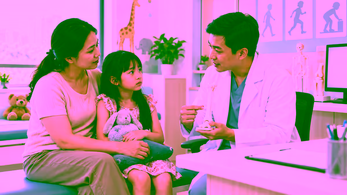 Trẻ được bác sĩ chỉnh hình hướng dẫn bảo vệ xương cùng cha mẹ