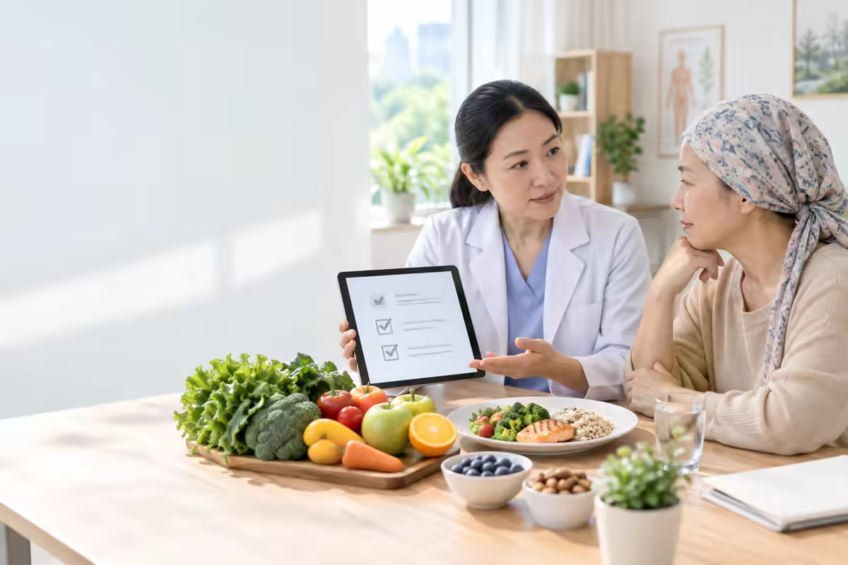 Người bệnh cùng bác sĩ trao đổi về dinh dưỡng hỗ trợ điều trị ung thư