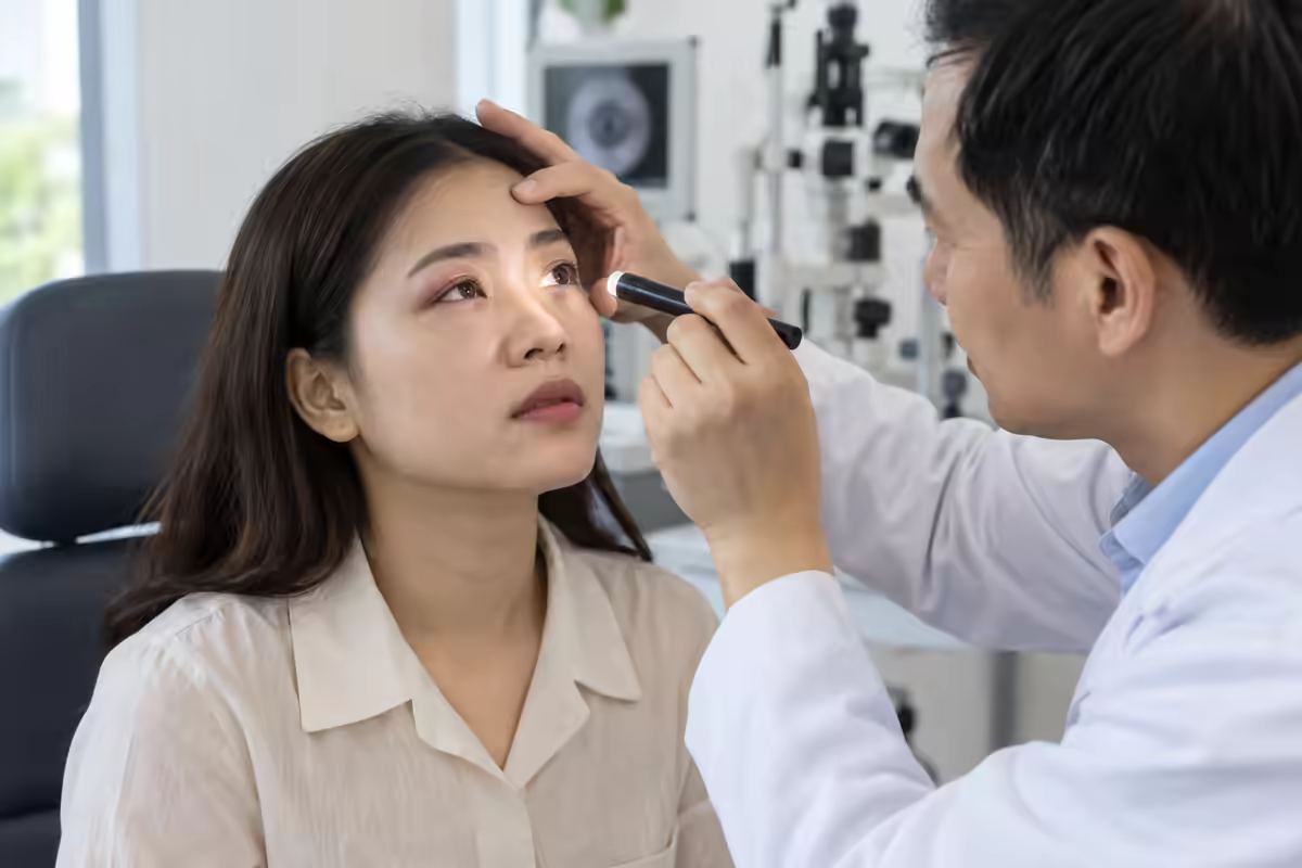 Áp xe mắt – người bệnh được bác sĩ mắt kiểm tra vùng mi mắt sưng đỏ