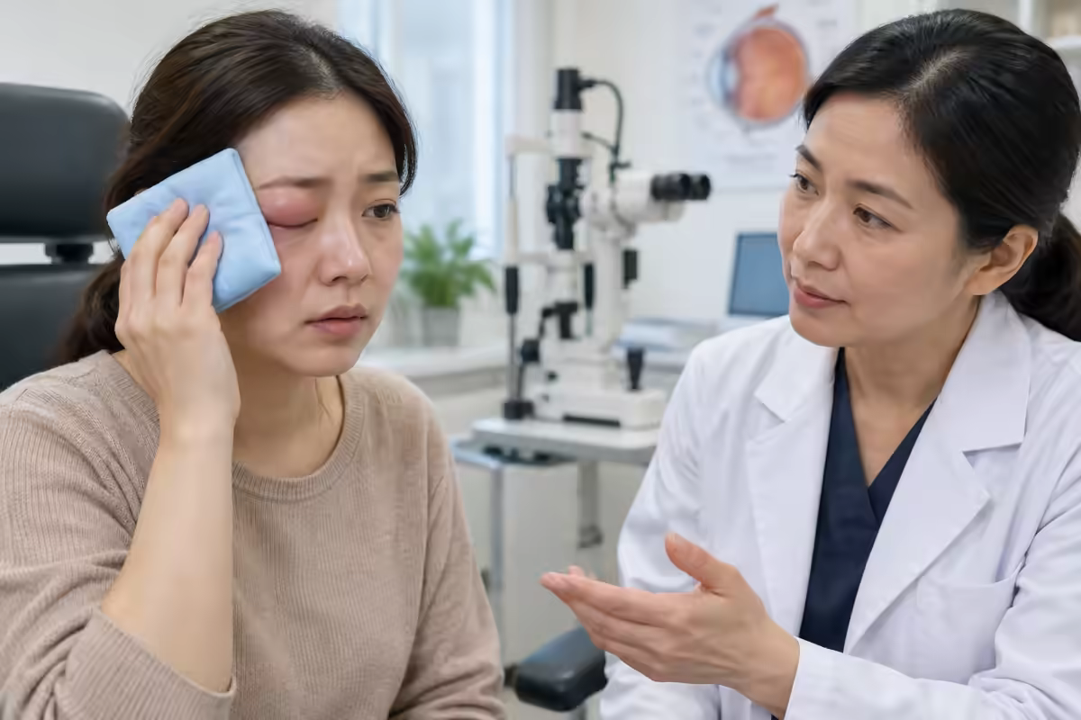 Áp xe mắt – người bệnh chườm mát và được bác sĩ mắt hướng dẫn điều trị