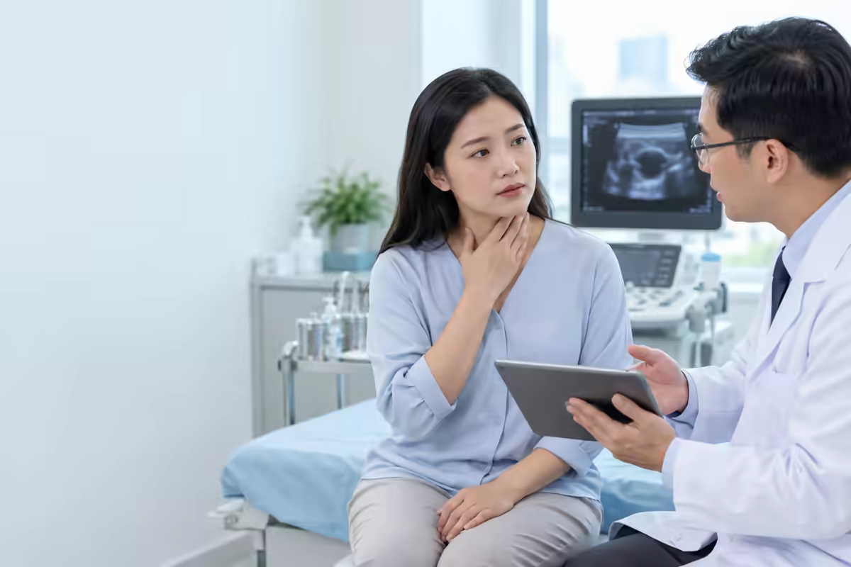Người bệnh sờ vùng cổ và được bác sĩ nội tiết tư vấn về áp xe tuyến giáp