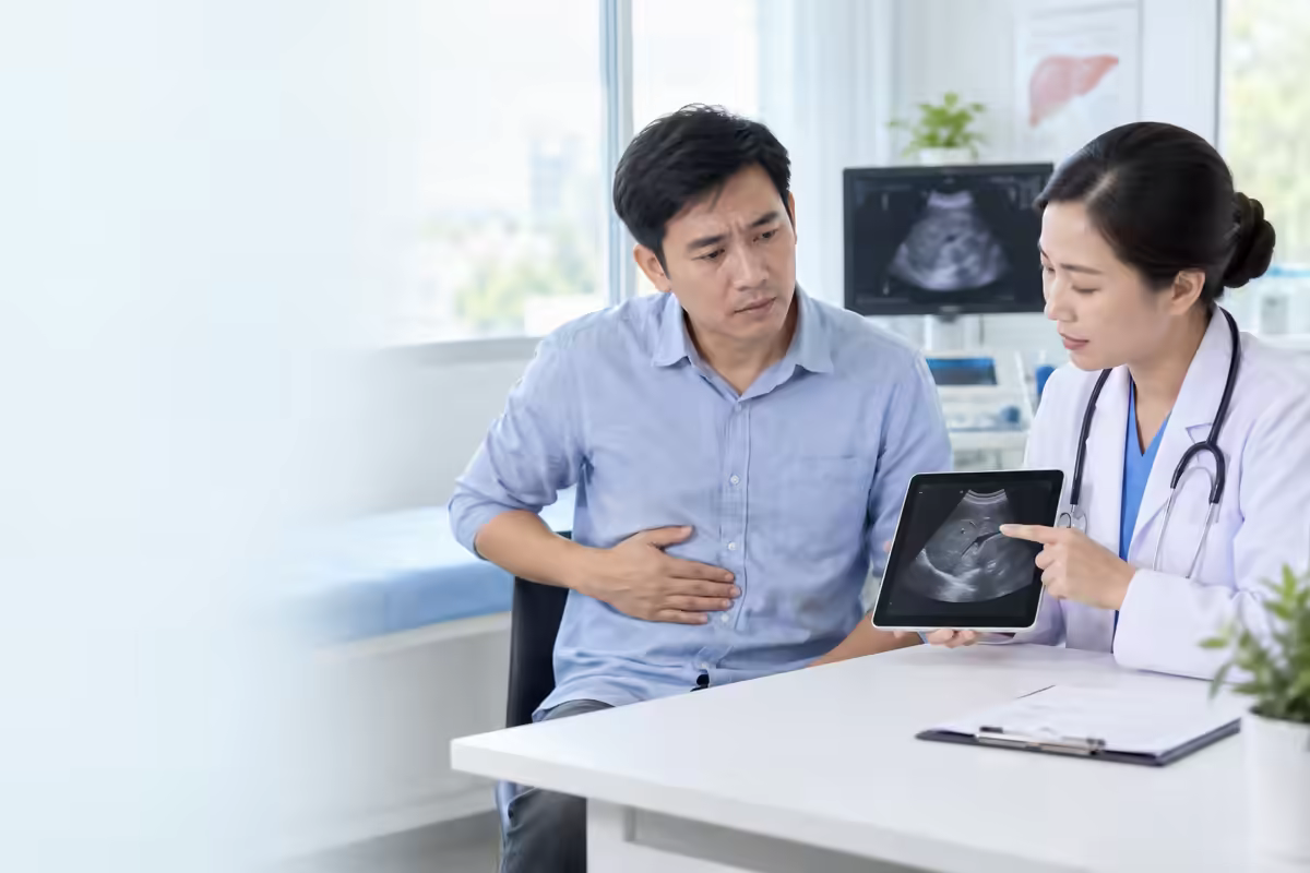 Người bệnh trao đổi với bác sĩ về hình ảnh siêu âm gan