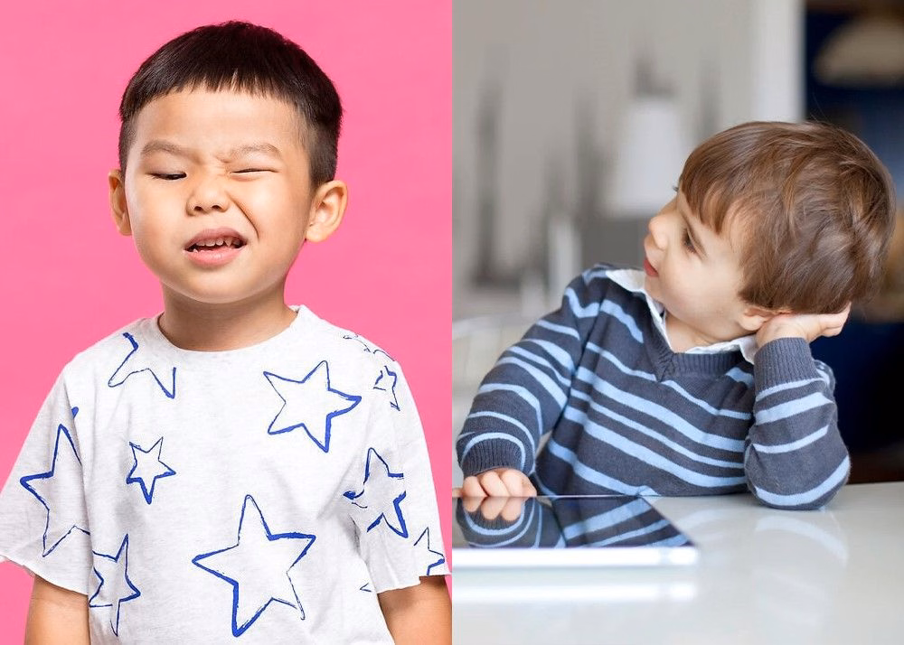 Hình ảnh mô phỏng các biểu hiện tic vận động đơn giản ở vùng mặt như nháy mắt và nhăn mặt ở trẻ em