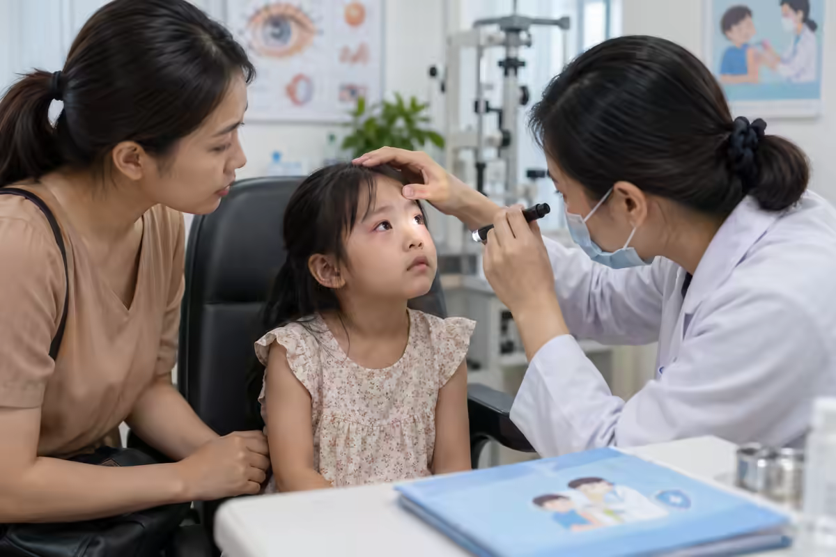 Bạch hầu ở mắt – trẻ được bác sĩ mắt kiểm tra và phụ huynh được tư vấn